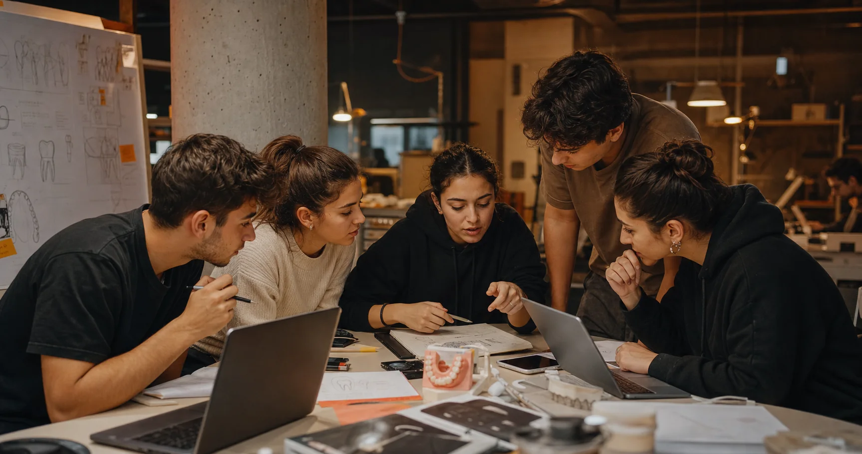 Dental hackathon masasında birlikte çalışan öğrenci ekibi